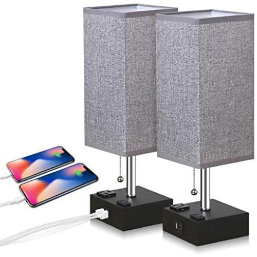 ZEEFO USB Table Lamp, Gray Square Fabric Shade Bedside Table Lamp with Two AC Outlet & Dual USB Charging Ports, Modern Design Desk Lamp Ideal for Bedroom,Office,Guest Room, Kids Room (Set of 2)