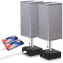 ZEEFO USB Table Lamp, Gray Square Fabric Shade Bedside Table Lamp with Two AC Outlet & Dual USB Charging Ports, Modern Design Desk Lamp Ideal for Bedroom,Office,Guest Room, Kids Room (Set of 2)