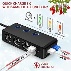 [Updated Version]QUICK CHARGE 3.0 Cigarette Lighter Adapter, 120W 12V/24V 3-Socket Power Splitter DC Outlet with 8.5A 4 USB Ports Multifunction Car Charger, LED Display Voltage, Upgraded On Off Switch