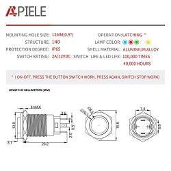 APIELE (Pcs of 2) 12mm Latching Push Button Switch High Round Head Aluminium Alloy 1NO 1 Normally Open with Ring Led (Red)