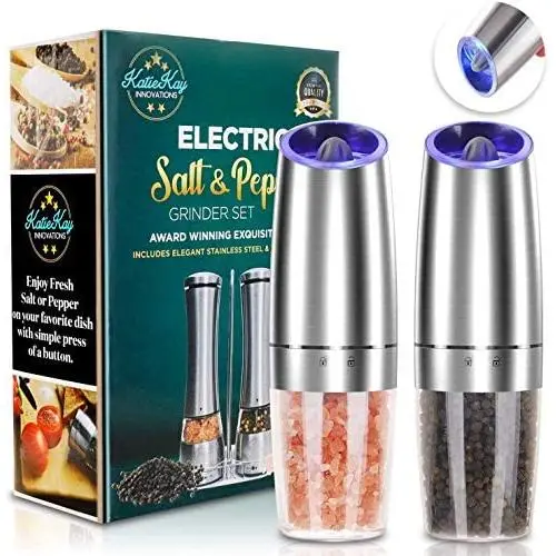 JOBKIM Gravity Electric Pepper Grinder set of 2, Automatic Salt and Pepper Mill Grinder, Battery Powered, Adjustable Roughness, Blue LED Light, Stainless Steel with One Hand Operation
