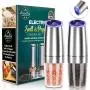 JOBKIM Gravity Electric Pepper Grinder set of 2, Automatic Salt and Pepper Mill Grinder, Battery Powered, Adjustable Roughness, Blue LED Light, Stainless Steel with One Hand Operation