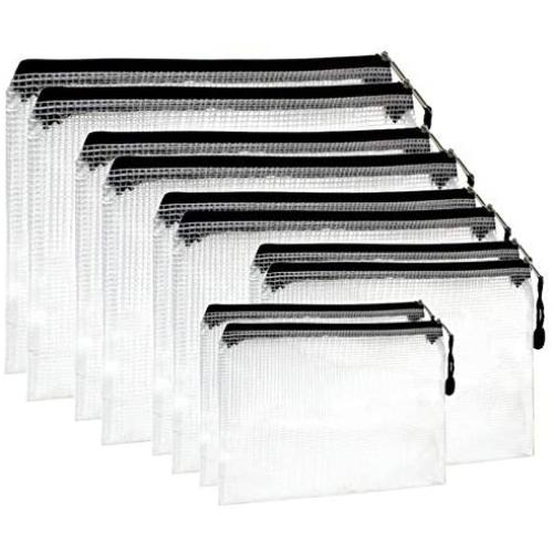 10pcs Zipper File Bags, Black Zipper Mesh Pouch, in 5 Sizes, Document Pouch Multipurpose Travel Bags File Holder with Grid for Office Supplies Cosmetics Travel Accessories