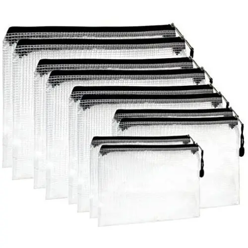 10pcs Zipper File Bags, Black Zipper Mesh Pouch, in 5 Sizes, Document Pouch Multipurpose Travel Bags File Holder with Grid for Office Supplies Cosmetics Travel Accessories
