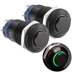 APIELE (Pcs of 2) 12mm Latching Push Button Switch High Round Head Aluminium Alloy 1NO 1 Normally Open with Ring Led (Green)