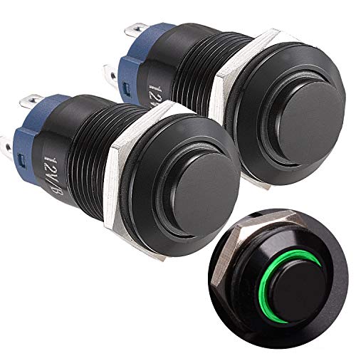 APIELE (Pcs of 2) 12mm Latching Push Button Switch High Round Head Aluminium Alloy 1NO 1 Normally Open with Ring Led (Green)