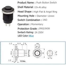 12mm 1/2'' Momentary Push Button Switch 1NO SPST Black Metal Shell LED Ring Light Waterproof Toggle Switches (Blue Light)