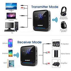 ELEGIANT Bluetooth 5.0 Transmitter Receiver Wireless Audio Adapter Low Latency Pair 2 Headphones at Once Built-in Mic, LED Indicator, Optical TOSLINK 3.5mm AUX RCA for TV Home Stereo System(Black)
