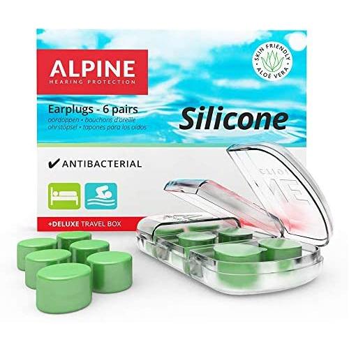 Alpine Moldable Silicone Ear Plugs for Sleeping and Swimming with Skin Friendly Aloë Vera 6 Pairs - Attenuates Snoring, Noise Cancelling Reduction, Block Wind and Water - Wax 28dB SNR with Travelbox