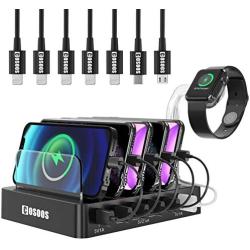 USB Charging Station for iPhone,COSOOS Charger Station with 5 Short lPhone Charger Cables,1 Type-C,1 Micro Cable,lWatch Stand,6-Port Charging Station for Multiple Devices,Tablet,Kindle