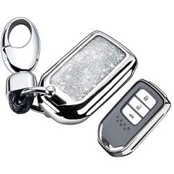 Key Fob Cover with Glitter Liquid Quicksand,Flowing Bling Sparkle Key Fob Case Fit 4/5/6 Buttons Keyless Entry of Honda 2015-Up Civic Accord Fit Pilot CR-V Odyssey - Silver