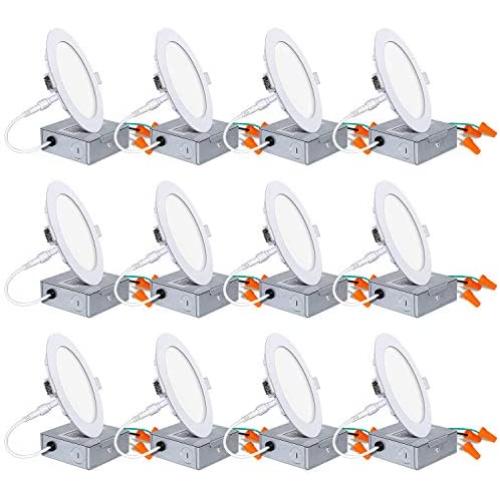 12 Pack 4 Inch LED Recessed Lighting with Junction Box, Wet Location,10W=80W, 4000K Cool White, 650lm Dimmable Wafer Light, Canless LED Recessed Ceiling Light
