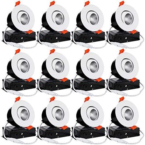 TORCHSTAR 12-Pack 3 Inch Gimbal LED Dimmable Recessed Light with J-Box, 7W (50W Eqv.) 500lm, Airtight, ETL/Energy Star, CRI 90+, 5000K Daylight, 5 Years Warranty, White