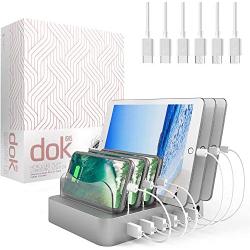 Hercules Tuff Charging Station for Multiple Devices (Silver) - 3 Short Type-C and 3 Short Micro USB Cables Included for Cell Phones, Smart Phones, Tablets, and Other Electronics