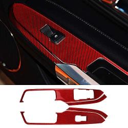 Charminghorse Real Carbon Fiber Interior Door Window Lift Switch Button Panel Decorative Frame Cover Trim Stickers for Ford Mustang 2015 2016 2017 2018 2019 Accessories (4 Pieces - Red)