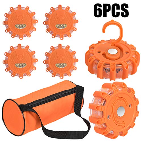 Goplus 6PCS LED Road Flares, Road Emergency Lights Safety Flashing Warning Beacon Disc with Hook and Magnetic Base, 10 Flash Modes (Batteries Not Included), for Car Truck Motorcycle Boat (6PCS)