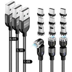 Magnetic Charging Cable(3-Pack, 1.6ft/3.3ft/6.6ft), Melonboy 360°&180° Rotation Magnetic Phone Charger Cable, 3 in 1 Nylon Braided Magnetic Cable Compatible with Micro USB, Type C and iProduct - Black