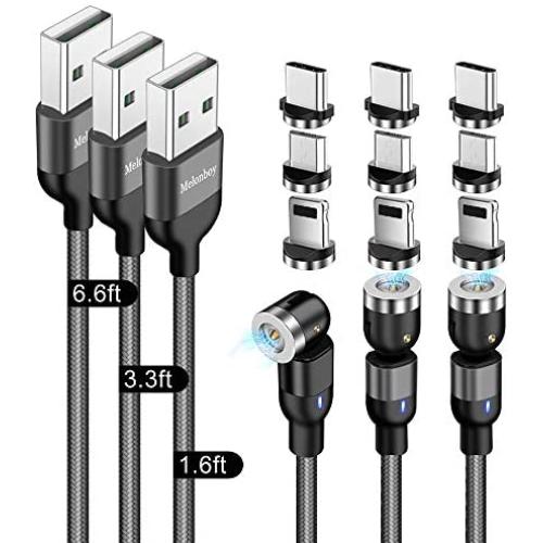 Magnetic Charging Cable(3-Pack, 1.6ft/3.3ft/6.6ft), Melonboy 360°&180° Rotation Magnetic Phone Charger Cable, 3 in 1 Nylon Braided Magnetic Cable Compatible with Micro USB, Type C and iProduct - Black