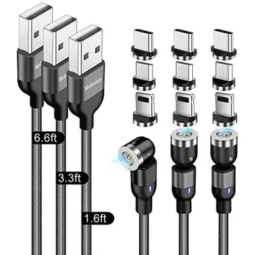 Magnetic Charging Cable(3-Pack, 1.6ft/3.3ft/6.6ft), Melonboy 360°&180° Rotation Magnetic Phone Charger Cable, 3 in 1 Nylon Braided Magnetic Cable Compatible with Micro USB, Type C and iProduct - Black