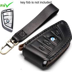 Leather BMW Key Fob Cover Suit for Keyless Remote Control for BMW 1 2 3 4 5 6 7 Series and X1 X2 X3 X5 X6 etc (A Black) …