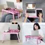 TeqHome Laptop Desk for Bed, Adjustable Laptop Bed Table with Fan, Portable Lap Desk with Foldable Legs, Laptop Stand for Couch Sofa Bed Tray with LED Light, 4 USB Ports, Storage, Mouse Pad (Pink)