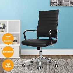 LUCKWIND Ergonomic Office Chair Ribbed Leather Swivel - Adjustable Height Tilt Arm Sleeves Lumbar Support High Back Upholstery Executive Modern Conference Computer Chrome Wheel Caster 350lb Big Black