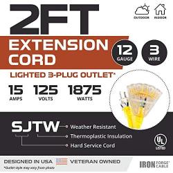 2 Pack of 2 Foot Lighted Outdoor Extension Cord with 3 Electrical Power Outlets - 12/3 SJTW Heavy Duty Yellow Extension Cable with 3 Prong Grounded Plug for Safety