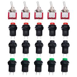 Twidec/Each 5 12mm SPST Self-Locking Latching Push Button Switch 3 Color + 5Pcs 2 Position 2 Pins ON-Off SPST Mini Toggle Switch L-DS-427-3C-101