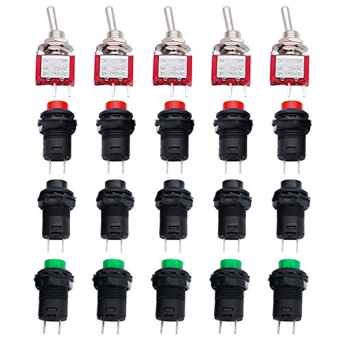 Twidec/Each 5 12mm SPST Self-Locking Latching Push Button Switch 3 Color + 5Pcs 2 Position 2 Pins ON-Off SPST Mini Toggle Switch L-DS-427-3C-101