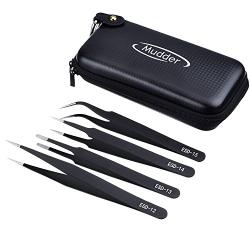 4 Pieces Precision Tweezers Set ESD Tweezer Kit, Anti-Static Stainless Steel Tweezers Kit Curved Tweezers with Case for Craft, Jewelry, Electronics, Laboratory Work