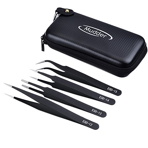 4 Pieces Precision Tweezers Set ESD Tweezer Kit, Anti-Static Stainless Steel Tweezers Kit Curved Tweezers with Case for Craft, Jewelry, Electronics, Laboratory Work