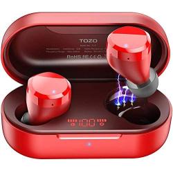 TOZO T12 Wireless Earbuds Bluetooth Headphones Premium Fidelity Sound Quality Wireless Charging Case Digital LED Intelligence Display IPX8 Waterproof Earphones Built-in Mic Headset for Sport Red