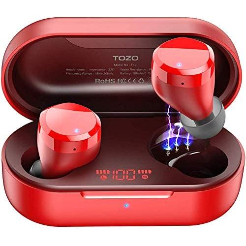 TOZO T12 Wireless Earbuds Bluetooth Headphones Premium Fidelity Sound Quality Wireless Charging Case Digital LED Intelligence Display IPX8 Waterproof Earphones Built-in Mic Headset for Sport Red