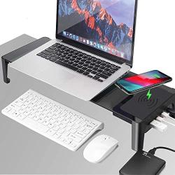 4 in 1 Monitor Stand Riser with Bluetooth Speaker, Wireless Charger, 4 USB 3.0 Support Transfer Data Charging,Keyboard and Mouse Storage Desk Organizer | up to 27inch for Laptop Computer MacBook PC