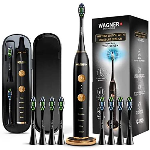 WAGNER Switzerland WHITEN+ Edition. Smart Electric Toothbrush with Pressure Sensor. 5 Brushing Modes and 3 Intensity Levels, 8 Dupont Bristles, Premium Travel Case. (Charcoal Black)