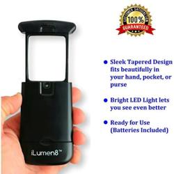 Best Pocket Magnifying Glass by iLumen8-3X Small Magnifier with Lights. Great for Seniors, Kids, Travel. Fits into Purse or Pocket Read Maps, Menu, Jewelry, Coins Hobby Stamps. Lighted Low Vision Aid