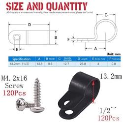Hilitchi 120Pcs Plastic Cable Clamp R Type Screw Mounting Cord Fastener Cable Clips with Screws for Wire Management Cable Conduit (1/2'', Black)