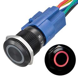 APIELE 19mm Momentary Push Button Switch On Off Aluminium Alloy 12V LED Angel Eye Head for 19mm 3/4 Mounting Hole with Wire Socket Plug Self-Reset (Red Led/Black Shell)
