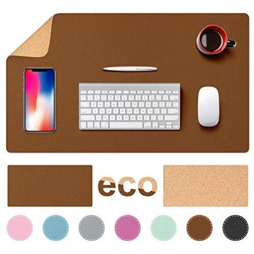 TESOBI Large Natural Cork & Leather Desk Pad, Double-Sided Desk Protector, Smooth Surface Mouse Pad, Waterproof Desk Mat for Office/Home/Gaming (24'' x 14'' Grayish Brown)