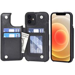 Arae Case for iPhone 12 and iPhone 12 Pro - Wallet Cover with PU Leather Card Holder - Black