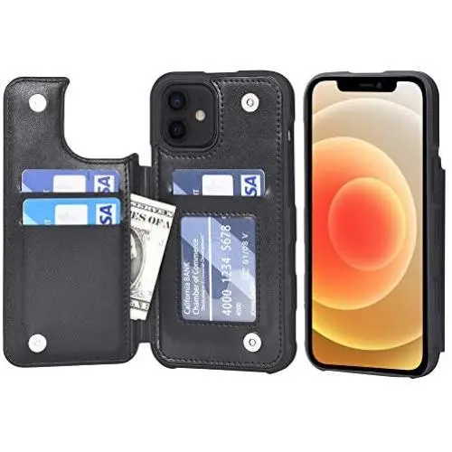 Arae Case for iPhone 12 and iPhone 12 Pro - Wallet Cover with PU Leather Card Holder - Black
