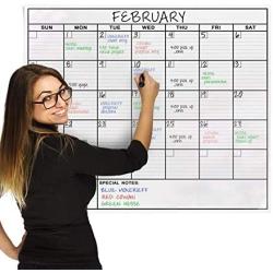 Jumbo Dry Erase Laminated Wall Calendar, Huge 36 Inch by 48 Inch Size, Monthly Planner for Home Office Classroom, Large Date Boxes, Reusable PET Film, Never Folded, 5 Markers, 8 Tacks, 1 Eraser