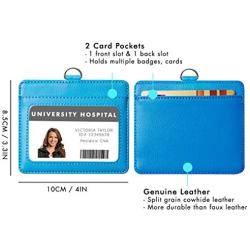 Genuine Leather ID Badge Holder Wallet with Heavy Duty Carabiner Retractable Reel, Key Ring and Metal Clip, 2 Card Pockets. Holds Multiple Cards & Keys. Key Chain Flashlight. Horizontal. Carolina Blue