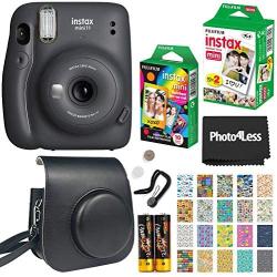 Fujifilm Instax Mini 11 Instant Camera + Fujifilm Instax Mini Twin Pack Instant Film (16437396) + Single Pack Rainbow Film + Case + Travel Stickers (Charcoal Grey)