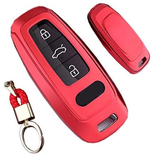 Royalfox(TM) 3 Buttons Soft TPU Smart keyless Remote Key Fob case Cover Shell for Audi New Smart Key,2019 Audi A6 A6L A7, 2018 2019 A8, (red)