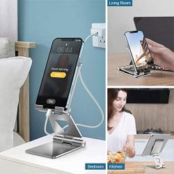 Cell Phone Stand Holder Adjustable Increase Fully Foldable Thick Aluminum Desktop Cradle Dock with Anti-Slip Base and Convenient Charging Port for iPhone for Bedside Table, Ofice, Desk-Silver