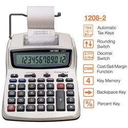 Victor Printing Calculator, 1208-2 Compact and Reliable Adding Machine with 12 Digit LCD Display, Battery or AC Powered, Includes Adapter,White