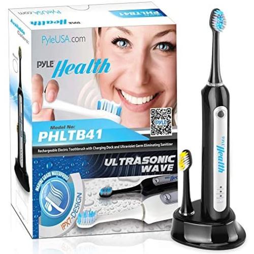 Pyle Health Ultra Sonic Wave Rechargeable Electric Toothbrush with 3 Brush Modes, Two Minute Timer, 2 Oral Brush Heads, Automatic Charging Dock Holder - for Kids, Teens, Adults - PHLTB41BK.5 (Black)