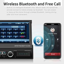Single Din Car Stereo Navigation Car Radio 7'' Motorized Touch Screen Bluetooth Head Unit Support GPS/FM Radio/AUX-in/USB/SD/Android iOS Mirror Link + 12 IR Car Backup Camera + Wireless Remote