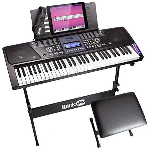 RockJam 61 Key Keyboard Piano With LCD Display Kit, Keyboard Stand, Piano Bench, Headphones, Simply Piano App & Keynote Stickers